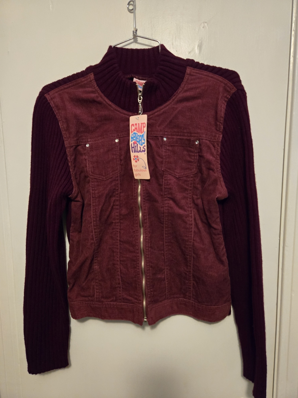 Camp Beverly Hills Vintage Girls Burgundy Corduroy Rib Knit Zip Jacket Size 14